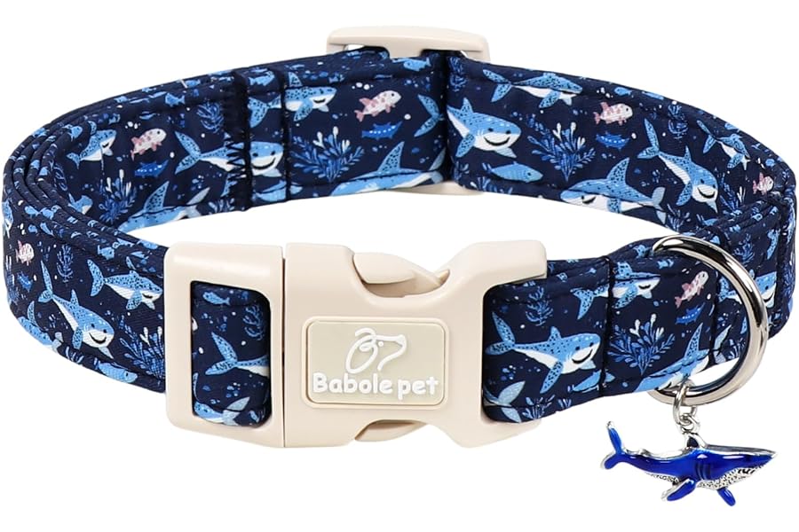 Babole Pet Blue Shark Dog Collar, Cute Boy Dog Collars for Small Dogs - Summer Ocean Pattern Female Male Dogs Collar, Durable Adjustable Pet Cartoon Collars with Quick Release Buckle S