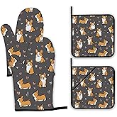 Cute Corgi Dog Oven Mitts and Pot Holders,Heat Resistant Oven Mitts Gloves and Pot Holder for Home Kitchen Decorations Cooking Baking BBQ Gifts,Set of 4