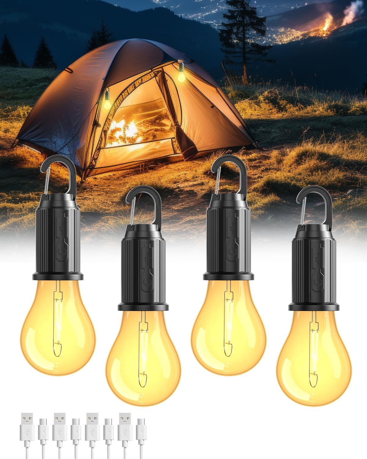 BrightArk Rechargeable Lights - 3 Modes, Portable Tent Lanterns for Camping, Hiking, Fishing, Emergency, Household, Car Repair, 4PCS