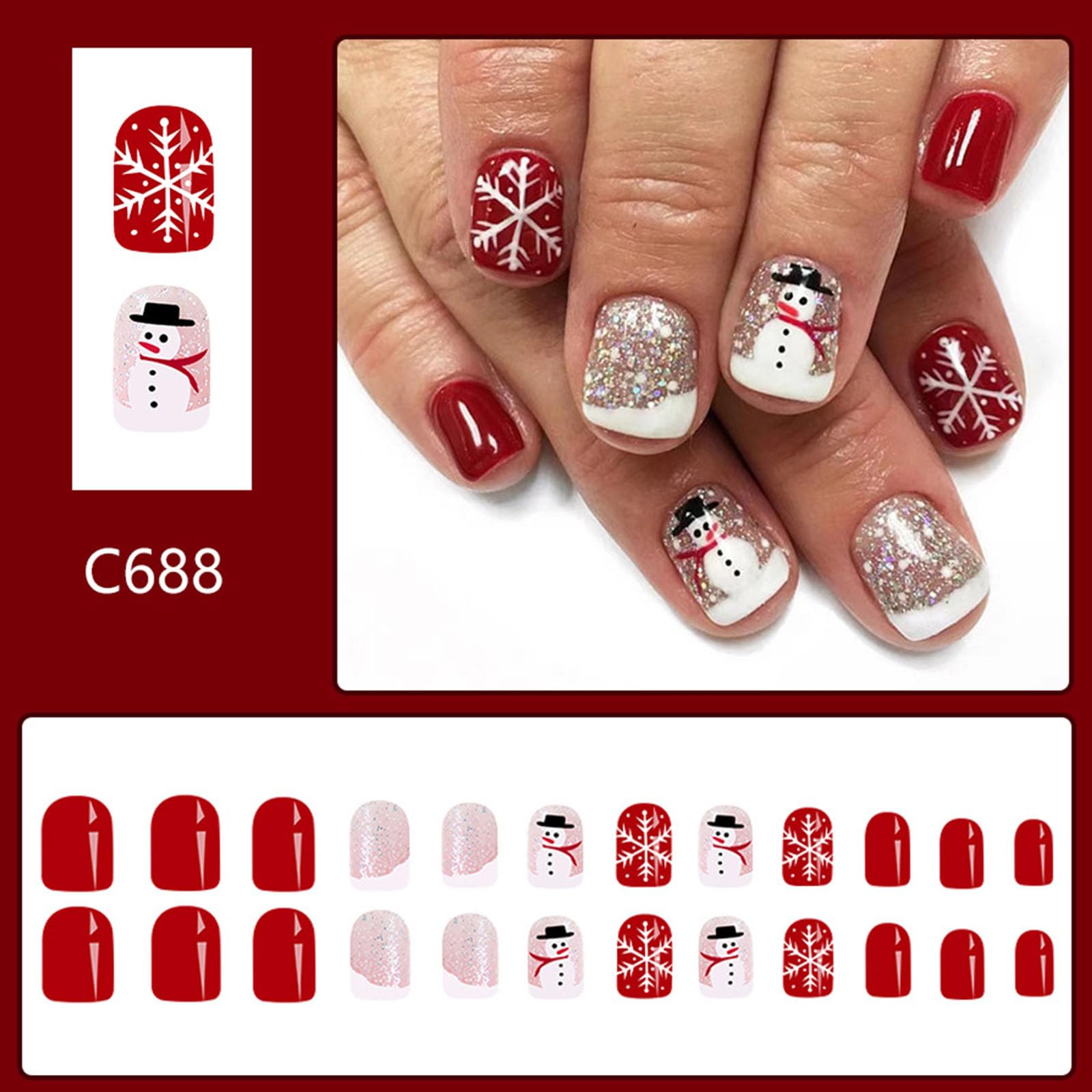 Christmas Press on Short Fake Nails With Snowman Snowflake Designs - White French Tip Glue on Xmas Glitter Sequins False Nails - Cute Acrylic Stick on for Women 24 Pcs - Image 4