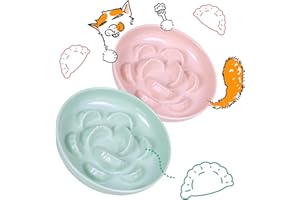 FULLCHARM 2 Pcs Cat Slow Feeder Bowl Set - Unbreakable Melamine Puzzle cat Bowl for Slow Eating - Cat Dish for Wet & Dry Food- Whisker Friendly & Dishwasher Safe & Non Slip Design (Pink + Green)