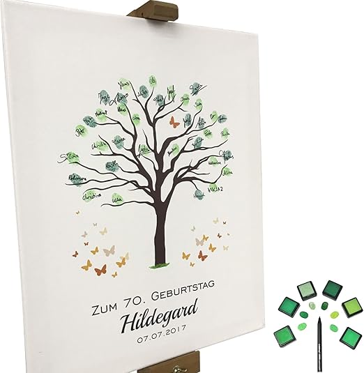 Katinga Personalisierte Leinwand Zum Geburtstag Motiv Baum Als Gastebuch Fur Fingerabdrucke 40x50cm Inkl Stift 6 Stempelkissen Personalisiert Amazon De Kuche Haushalt