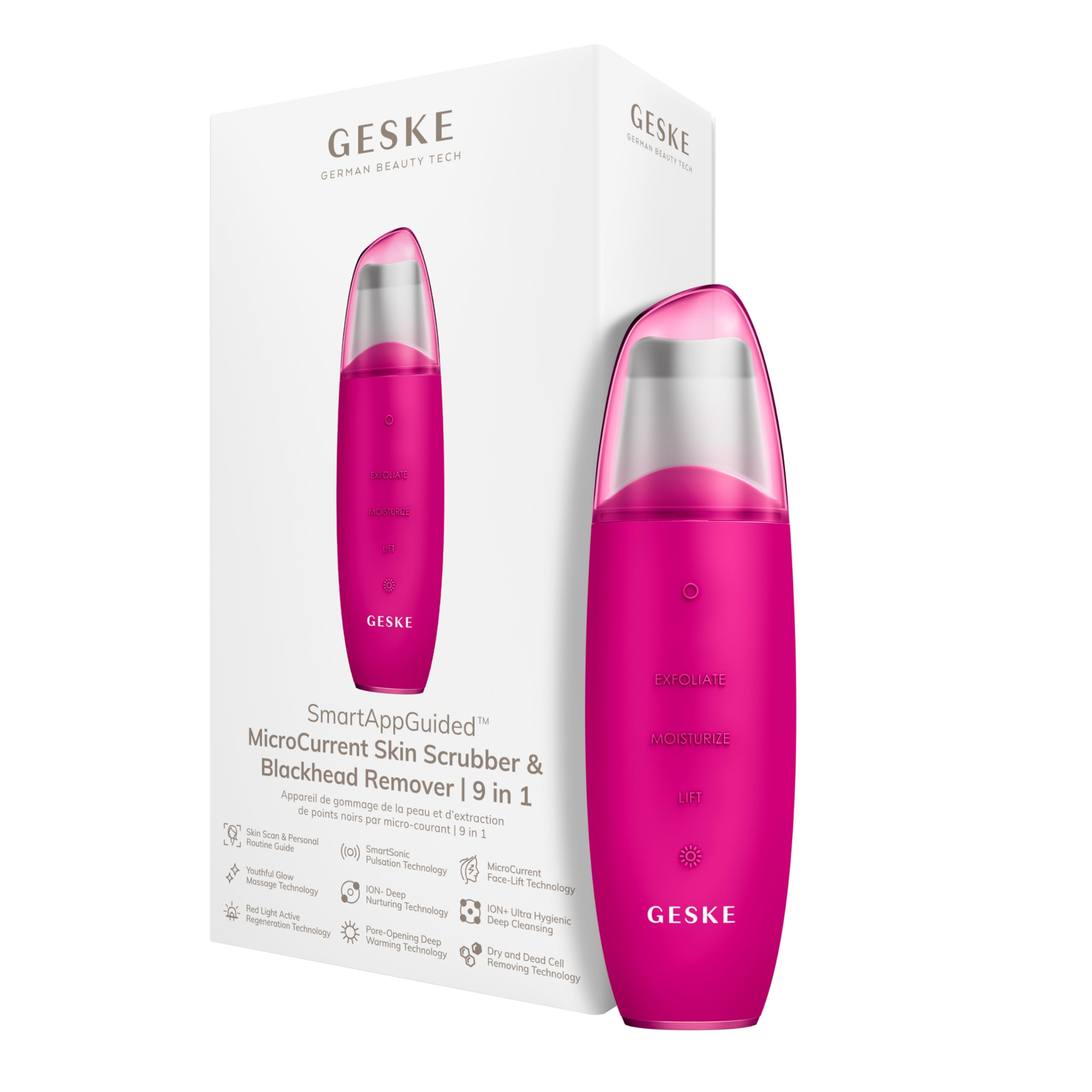 GESKE SmartAppGuided™ MicroCurrent Skin Scrubber & Blackhead Remover | 9 in 1 | Skincare tool | Pores cleaner | Anti-aging and cleansing | Professional face lift | Blackheads removal & extraction