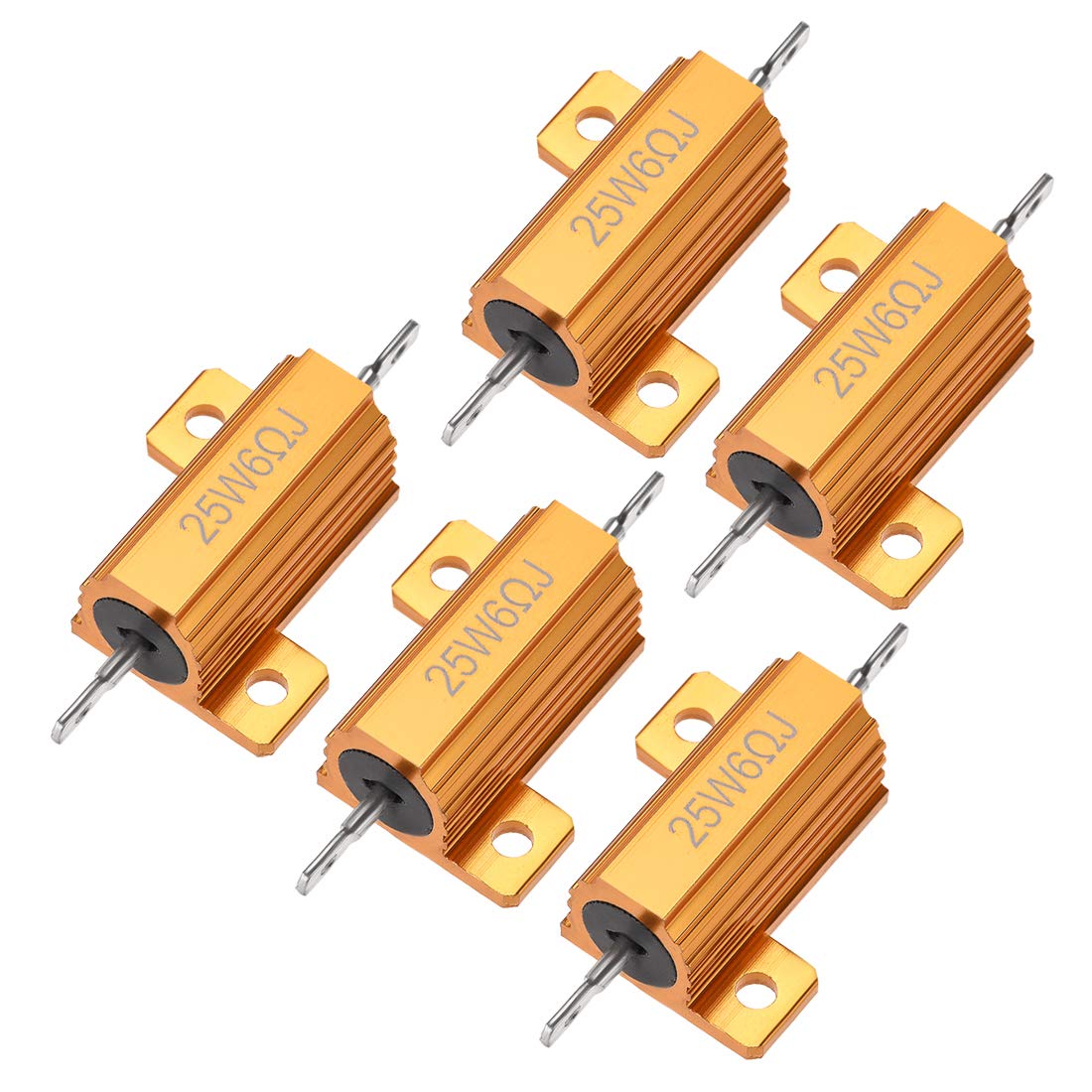 sourcingmap 25W 6 Ohm 5% Aluminum Housing Resistor Screw Tap Chassis Mounted Aluminum Case Wirewound Resistor Load Resistors Gold Tone 5 Pcs