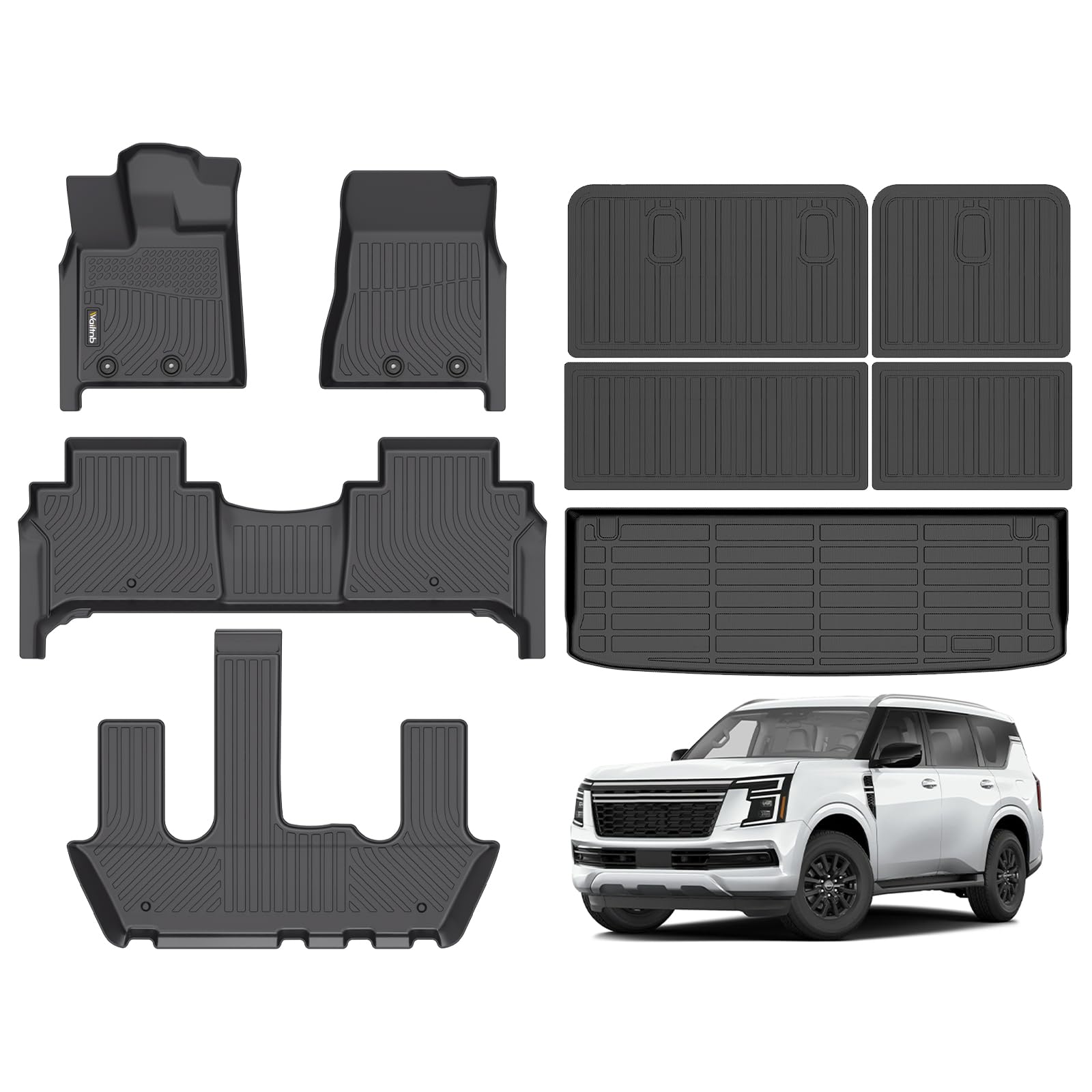 Wailtnb-All Weather Floor Mats & Cargo Backrest Mat for Nissan Armada/Infiniti QX80 2025丨 7 Seat (Bucket) Custom Fit Nissan Armada 2025 Bucket Waterproof Durable Accessories for Infiniti Image