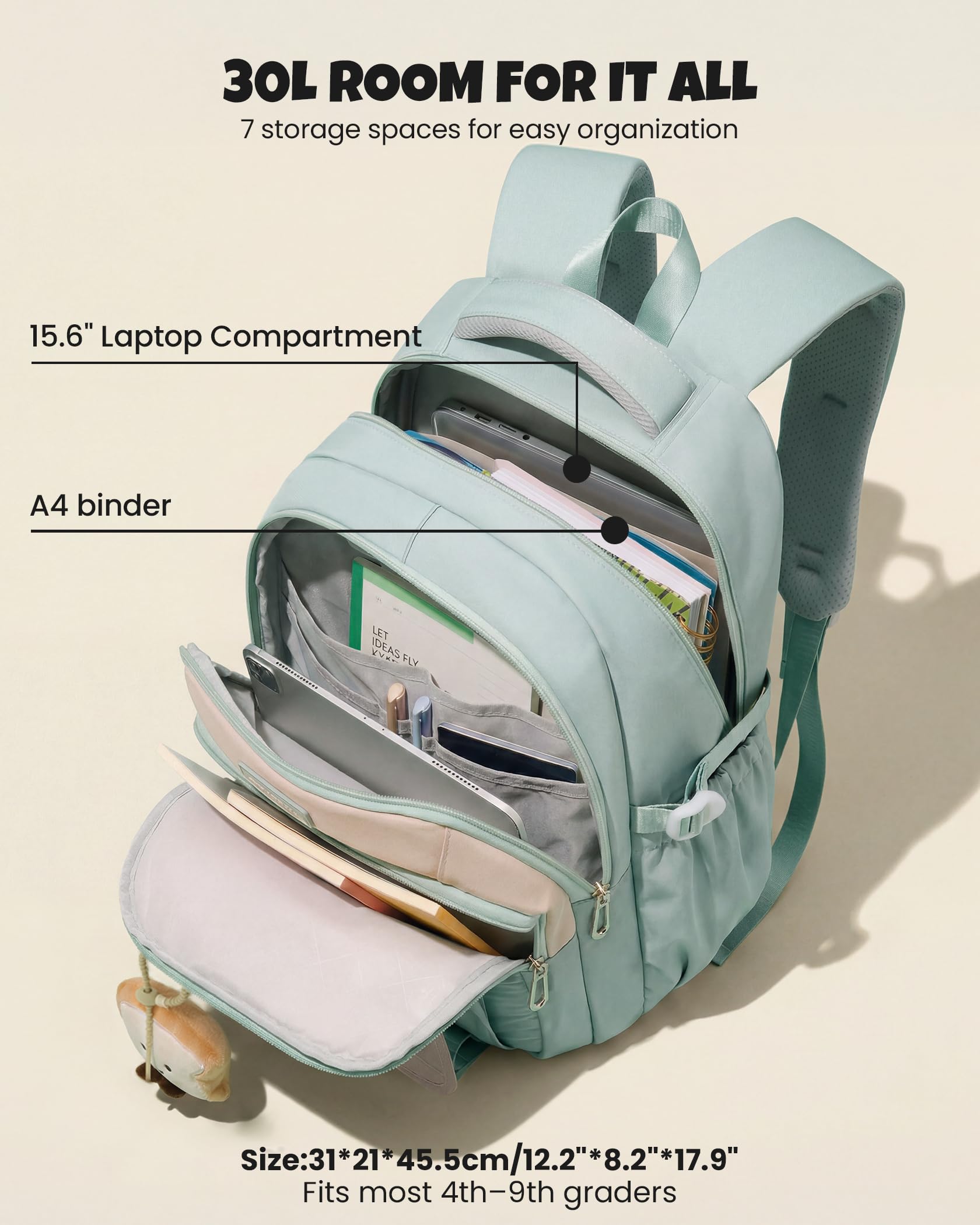 Amythe Schulrucksack Teenager - Schulranzen Mädchen ab 5. Klasse, Grün 3