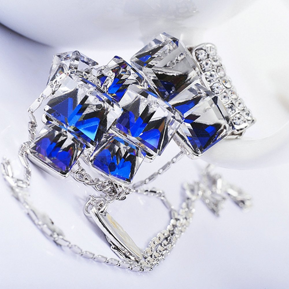 dnswez 18k White Gold Plated Blue Crystal Pendent Necklace Change Color Ocean Blue Crystal Necklace,18\'+2\' Extender