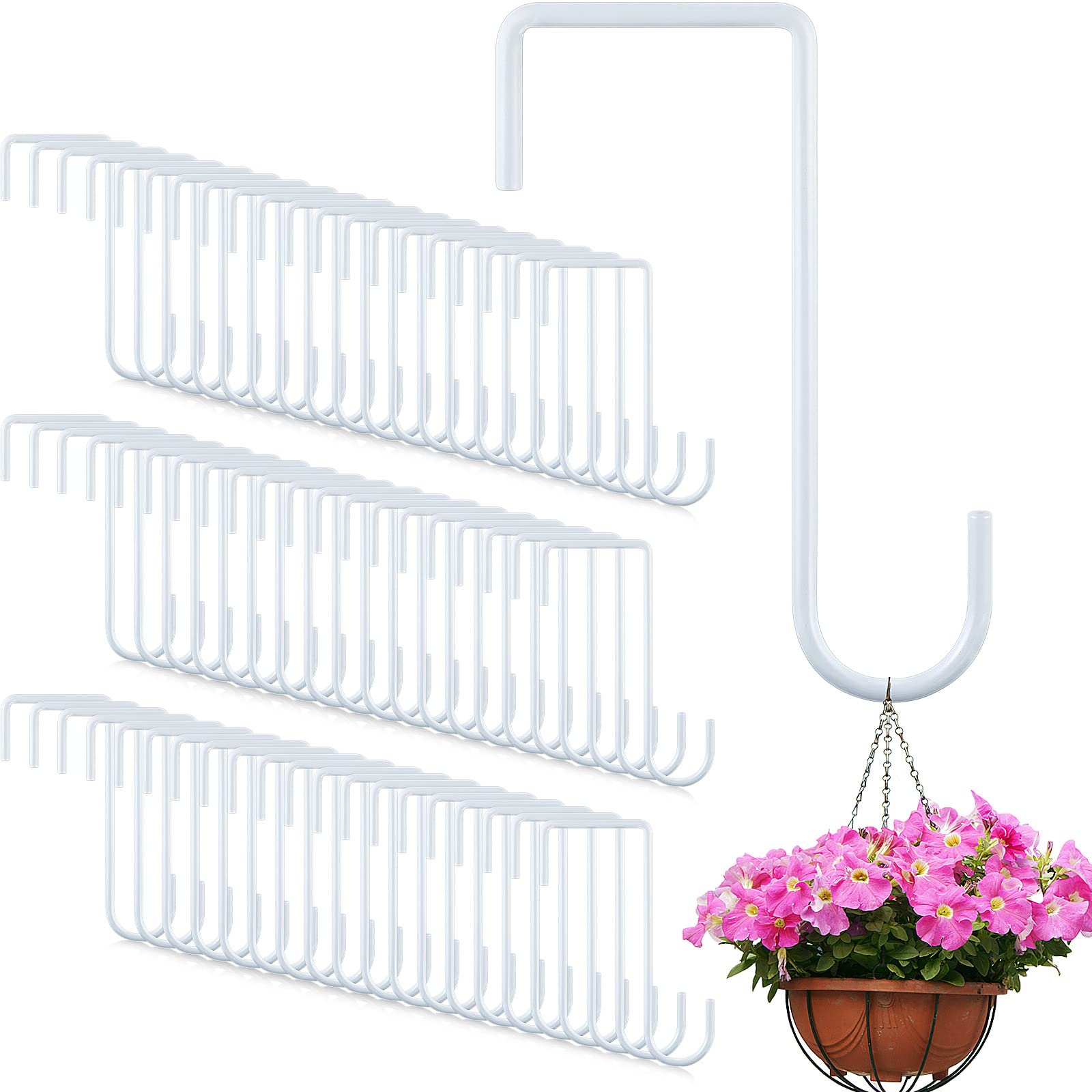 Photo 1 of LEIFIDE 60 Pcs White Vinyl Fence Hooks 2 x 6 Inch Patio Hangers Hanging Powder Coated Steel Fence Hooks Lattice Shepherds Hook Stick Plant Baskets for Indoor Outdoor Lights Bird Feeder Pool Equipment