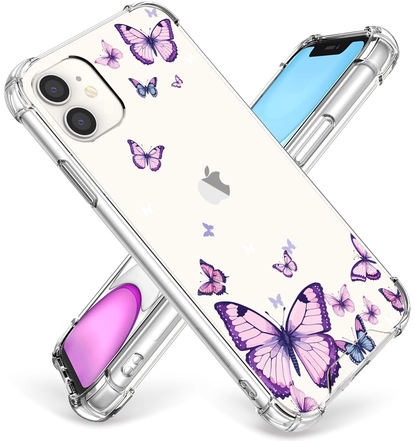 OOZ Crystal Phone Case for iPhone 11 (2019) 6.1", Cute Clear Protective Cover,Alluring Purple Butterfly Pattern Soft Shockproof Clear Phone Protective Case Cover for Women Girls