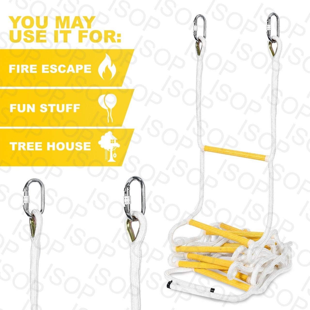 Two-Story Fire Escape Ladder 13 ft Flame Resistant Emergency Rope Ladder with Spring Hooks - Reusable - Weight Capacity up to 2000 Pounds (13ft) - - 