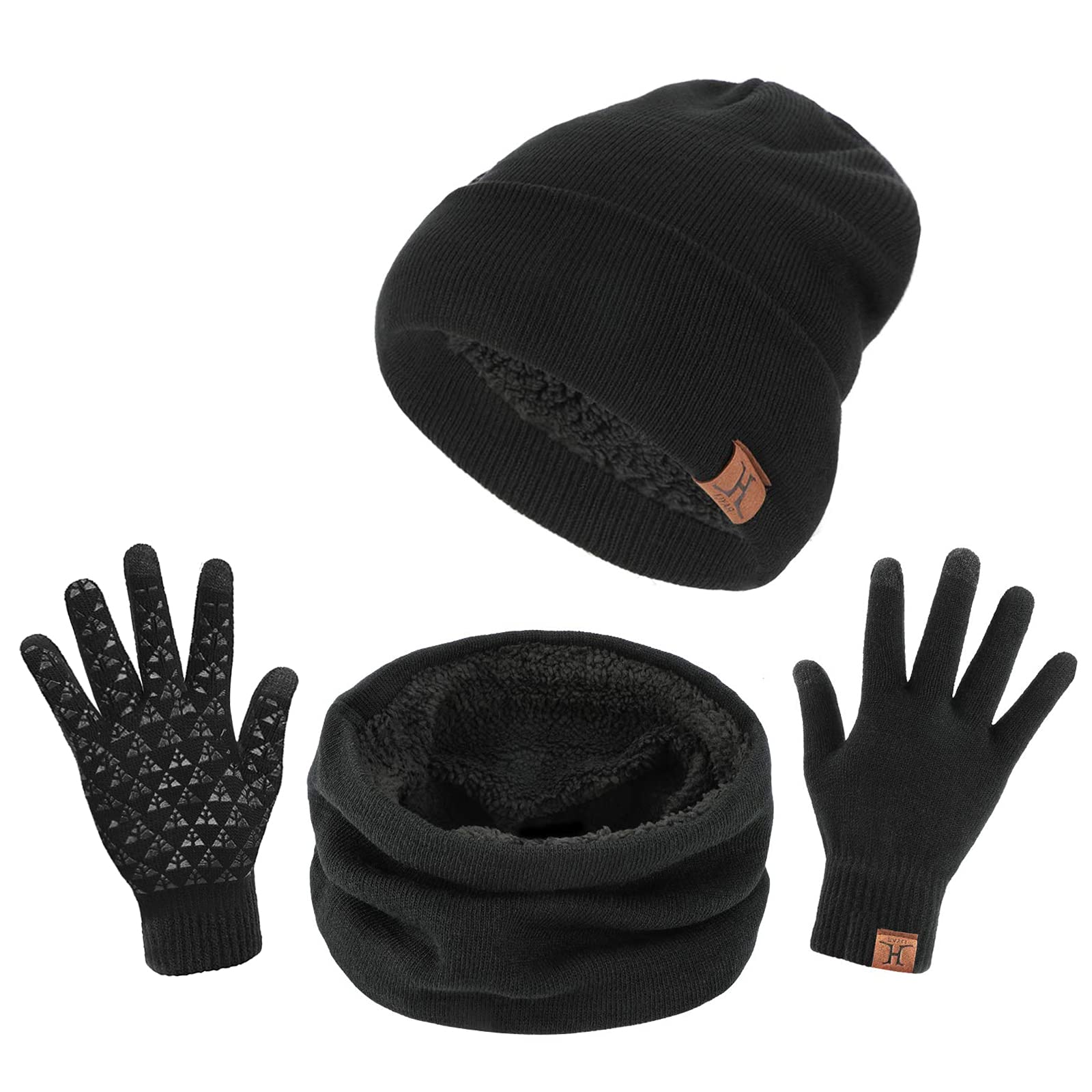 TAGVO Winter Beanie Hat, Scarf, Touch Screen Gloves 3 in 1 Warm Accessories Kit, Soft Fleece Inner Lining Great Warm, Stretchy Knit Beanie Cap, Elastic Neck Warmer, 3 fingers Screen Touch Gloves