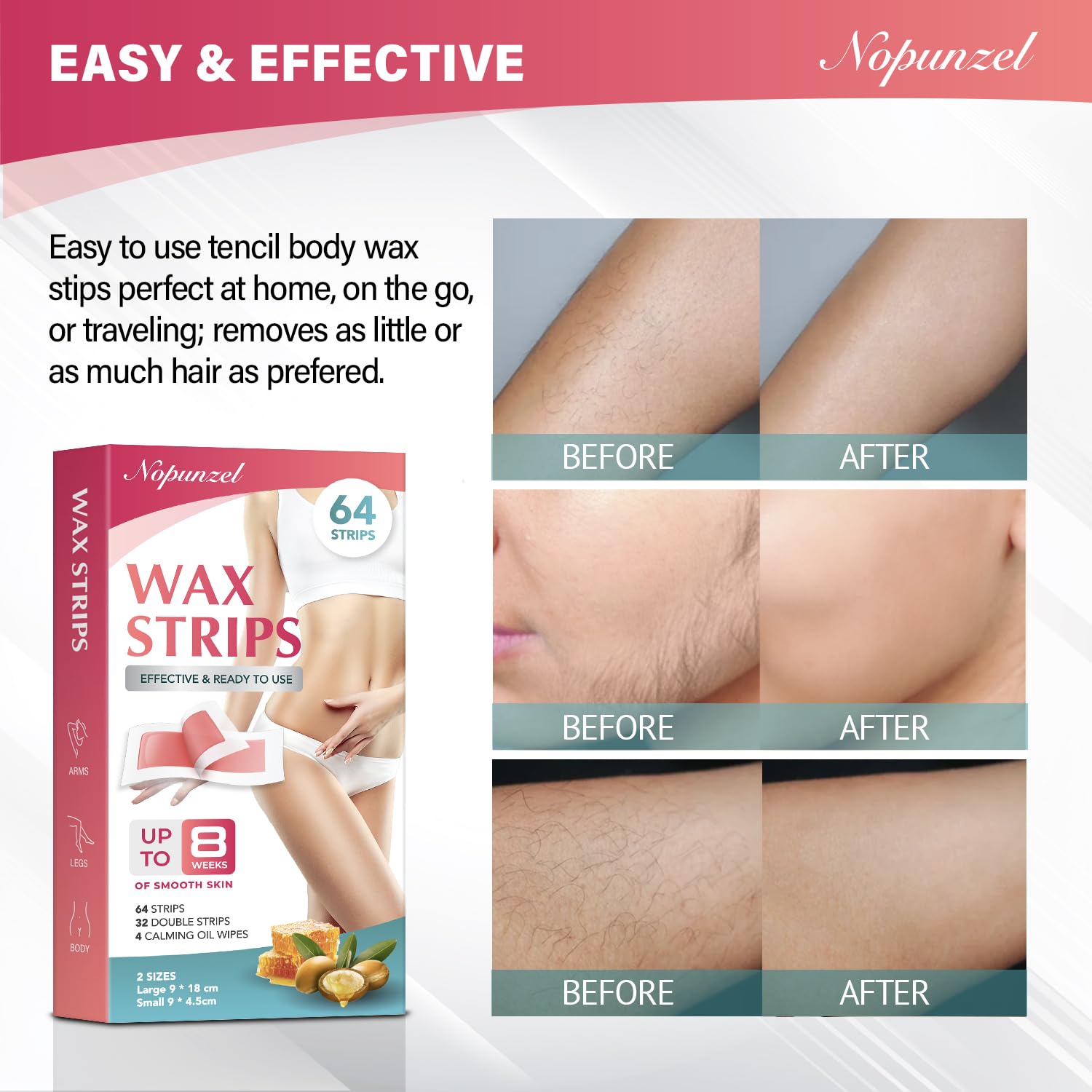 Wax Strips: 64 Waxing Strips - Hair Removal Wax - Brazilian Waxing - Waxing Kit for Women - Body Legs Arms Chest Bikini Back - Wax Kit At Home for Hair Removal - 2 sizes - 4 Calming Oil Wipes
