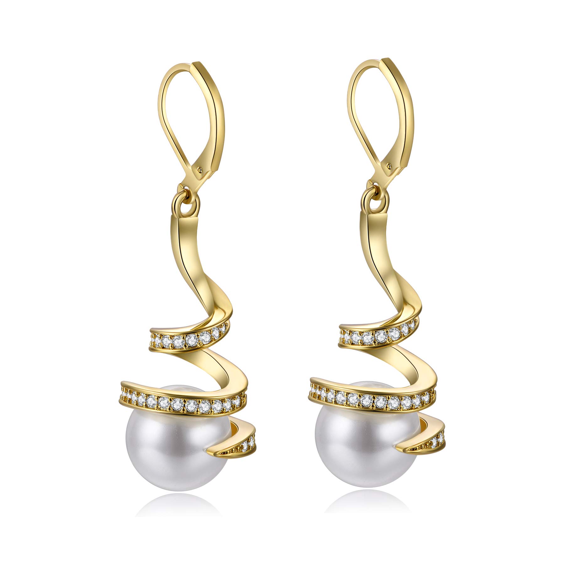 Yellow Gold Plated Sterling Silver White Pearl Dangle Drop Earrings for Women Embellished with Swarovski Elements Pearl Crystals Gift for Mother's Day Jewellery Gift for Mum