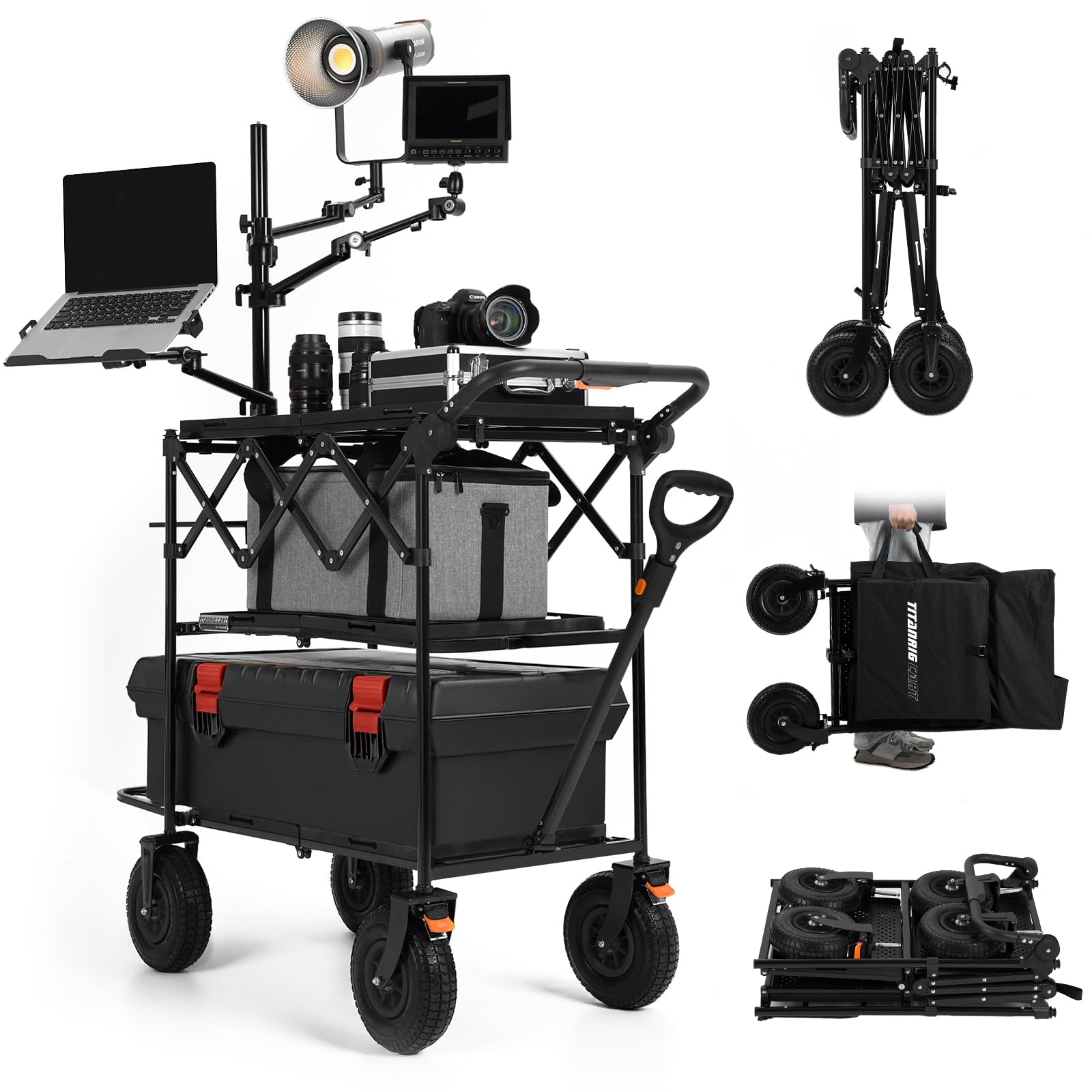 Photo 1 of TARION Video Production Camera Cart - Heavy Duty 440lb Load Capacity Cine Dolly - Foldable 3 Tray Mobile Workstation - 9 Inch Swivel Wheels - Titanrig Cart