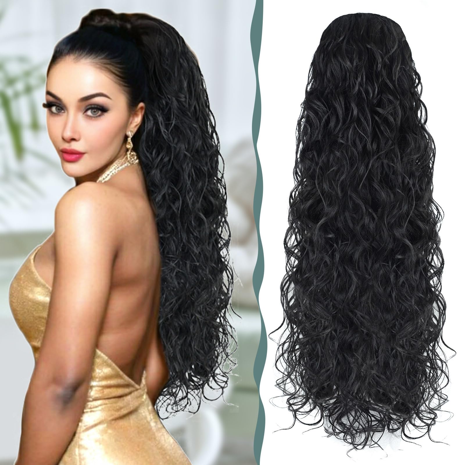 BHF Ponytail Extension - Long Curly Ponytail Hair Pieces for Women Clip in Synthetic Drawstring Long Wavy Fake for Daily Use 26 inch（1B#）