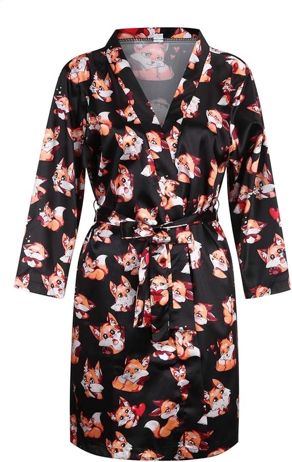 Womens Sexy Nightgown Satin Silk Pajamas Fox Printing