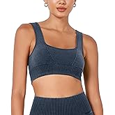 ODODOS Seamless Square Neck Sports Bra for Women Ribbed Crop Tank Casual Low Back Cropped Tops