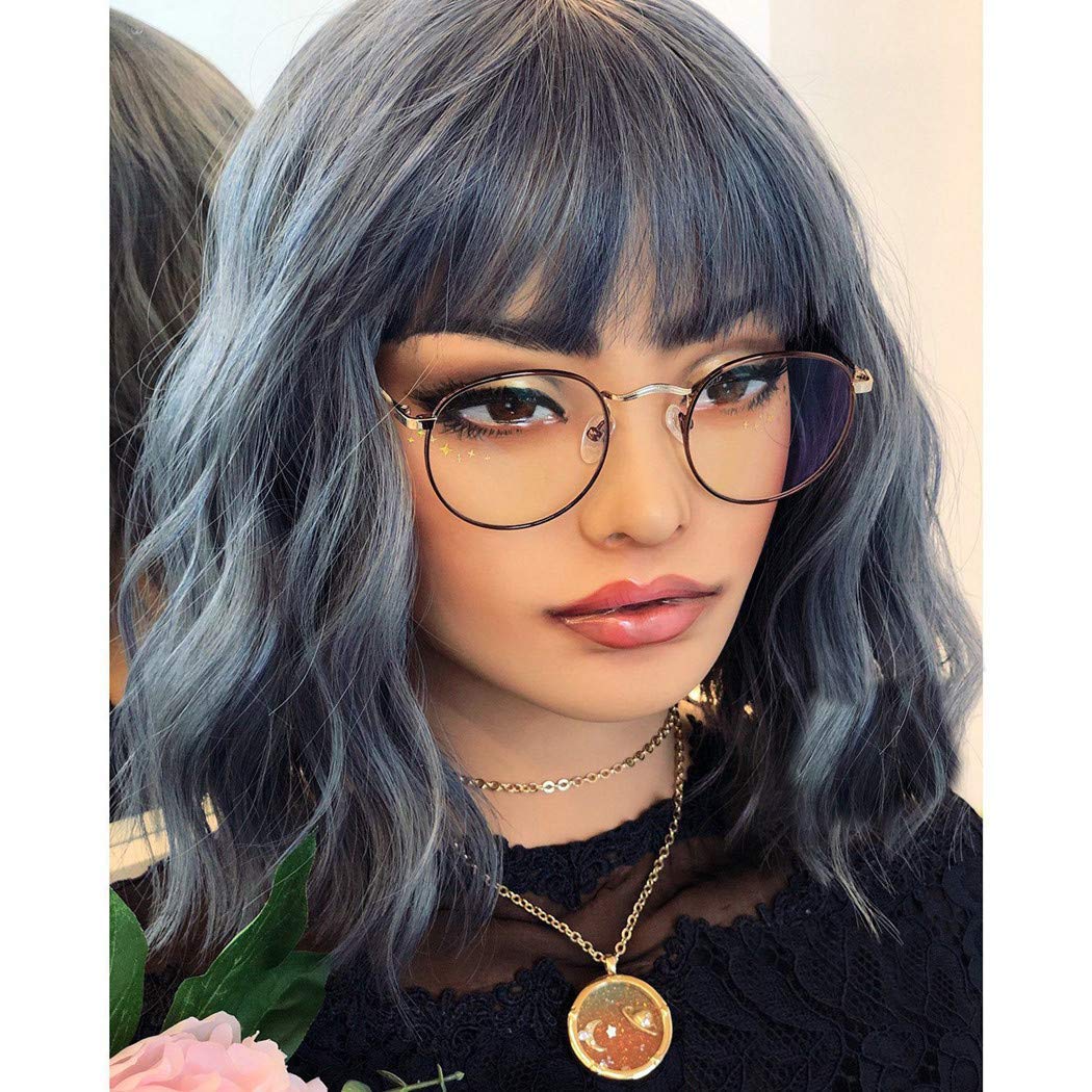 Relena Short Wavy Wig with Bangs Mixed Blue Curly Wavy Bob Wigs for Women 14 inch Shoulder Length Synthetic Blue Wig Women's Colorful Cosplay Party Wig Heat Resistant Fiber Hair