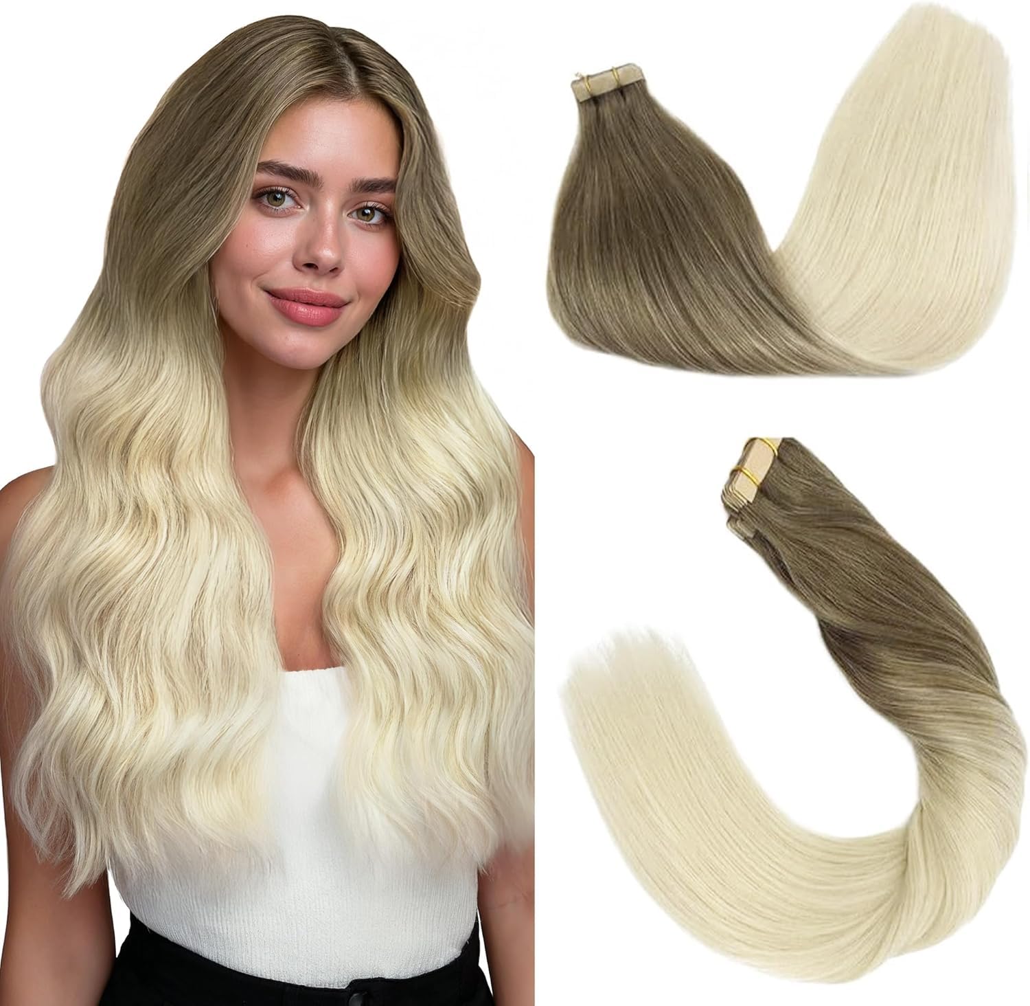 GOO GOO Tape in Hair Extensions human hair, tape Hair Extensions, 18inch 50g 20pcs, Human Hair Extensions, 9/60 Ash Brown to Platinum Blonde — image 1