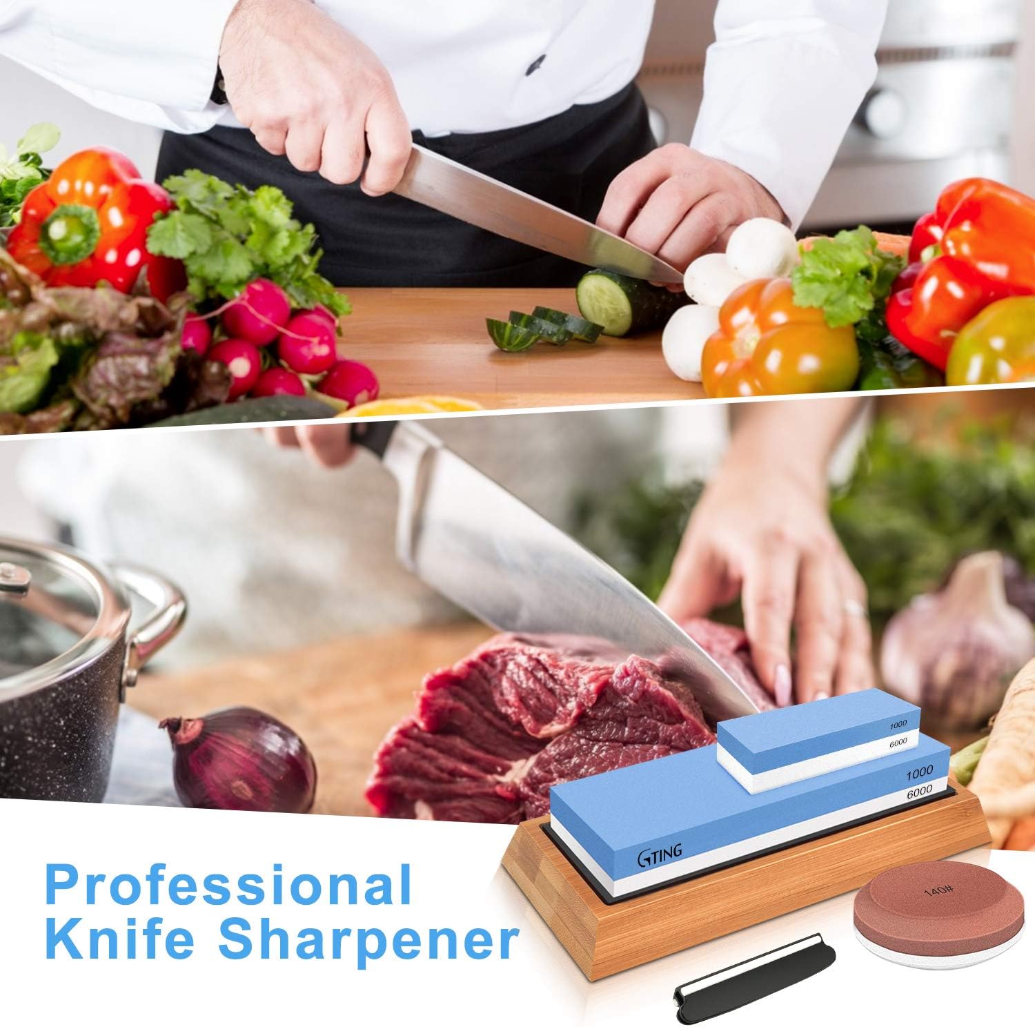 Whetstone Knife Sharpening Stone Set, G-TING 140/320, 1000/6000 Grit Whetstone Sharpener, Dual Grit Multi-Purpose Sharpener, Polishing Tool Sharpener Hatchet Large Sharpening Stone Kit - - 
