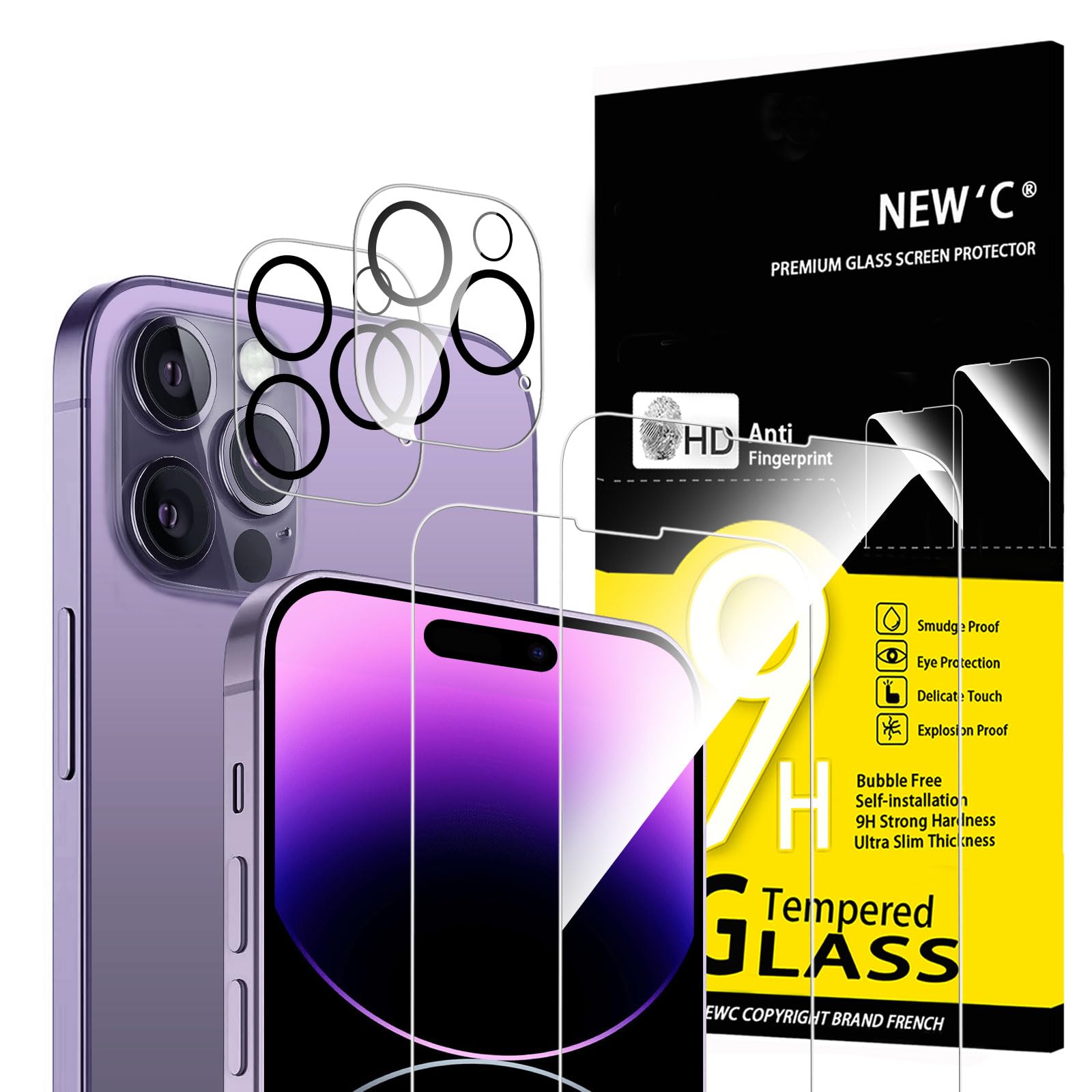 NEW'C 4 Pack, 2 Pack for iPhone 14 Pro Max Screen Protector (6.7 inch) + 2 Pack Camera Lens Protector, Sensor Protection,Case Friendly Tempered Glass Film — image 1