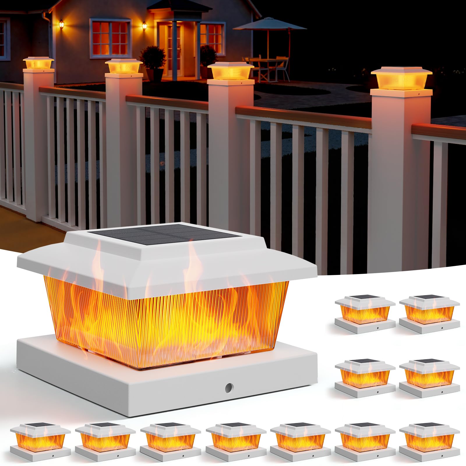 Photo 1 of APONUO 12 Pack Solar Flame Post Cap Lights, Flickering Flame & Warm White Modes, IP64 Waterproof SMD LED for 4x4 5x5 Wood/Vinyl Posts, Auto On/Off Solar Powered, Outdoor Deck Yard Fence Decor, White