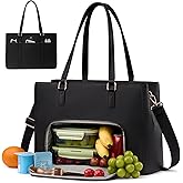 LOVEVOOK Lunch Bag for Women, Leather Laptop Tote Bag with Insulated Lunch Compartment for Work, Office
