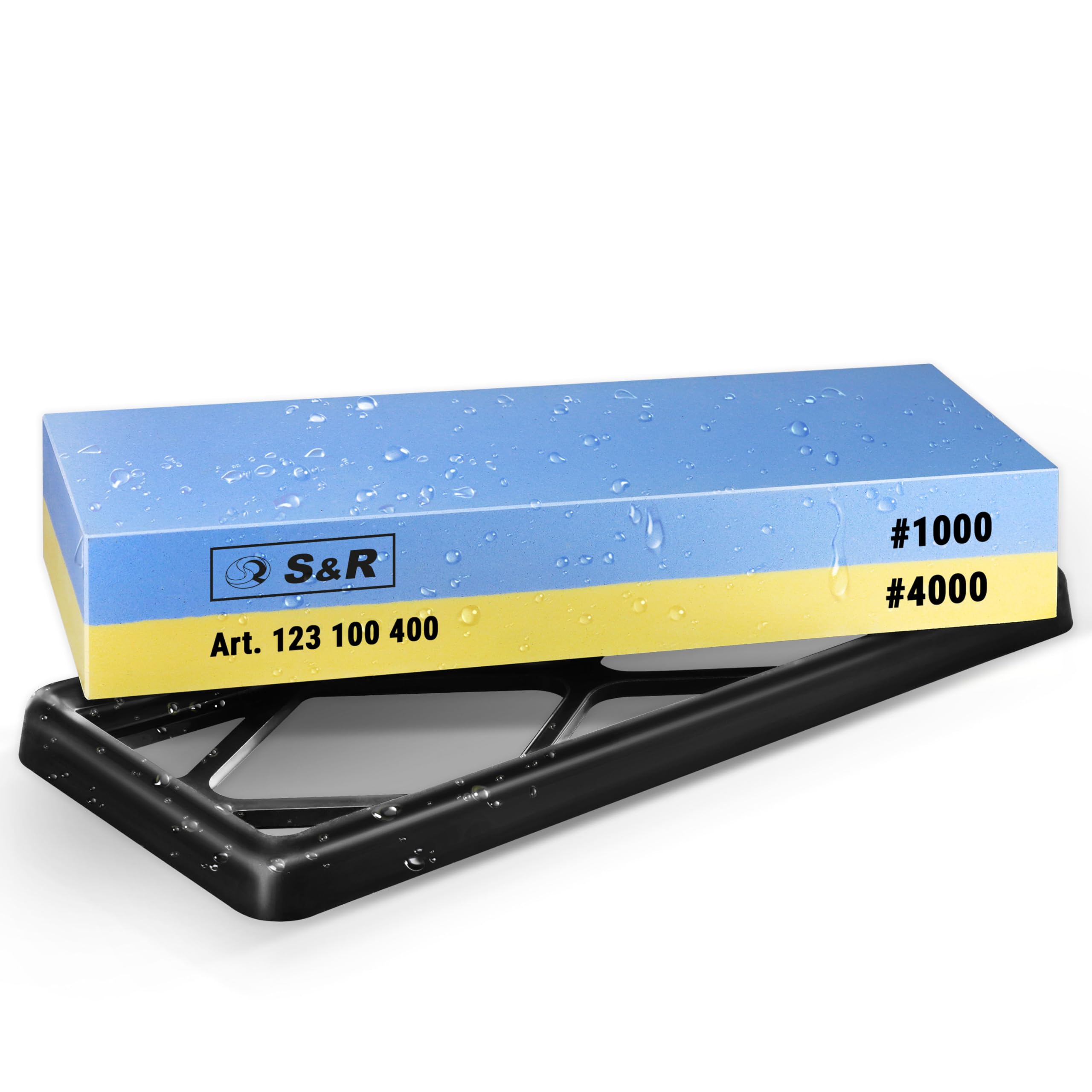 S&R 2-Sided Whetstone Sharpening Stone 18 x 6 x 3 cm with 1000/4000 Grit and Silicone Holder, 100% Corundum