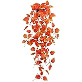 LUZOGA Fake Fall Plants Hanging Faux Orange Vines Artificial Potted Pothos Plant- Fall Decorations Autumn Decor for Thanksgiving Bathroom Wall Kitchen Room Decor Indoor and Outdoor (Black Pot Include)