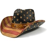 FLUFFY SENSE. Vintage USA American Flag Cowboy Hat Classic Tea Stained Patriotic Western Cowgirl Hat with Shapable Brim
