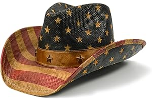 FLUFFY SENSE. Vintage USA American Flag Cowboy Hat Classic Tea Stained Patriotic Western Cowgirl Hat with Shapable Brim