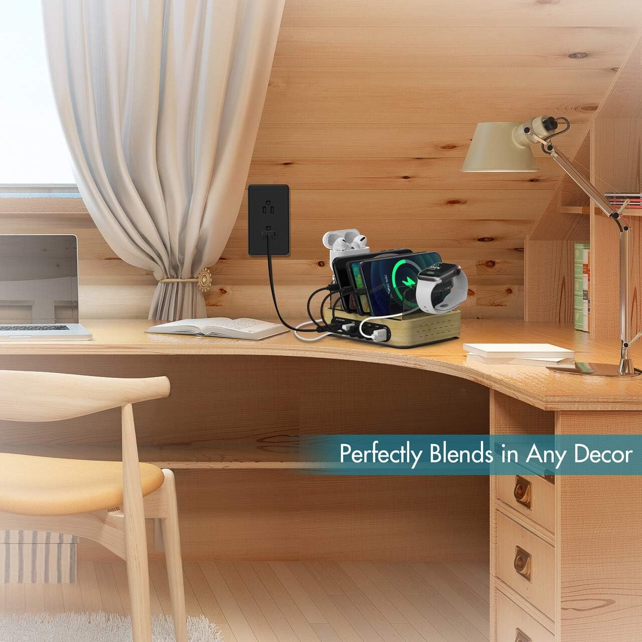 Bamboo Charging Station for Multiple Devices, 40W 5-Port Desktop USB Charger, Charging Stand Dock Compatible iPhone 11/Pro/Max, Galaxy S9/S8, iPad, Tablet and More (5 Charging Cables Included): Electronics