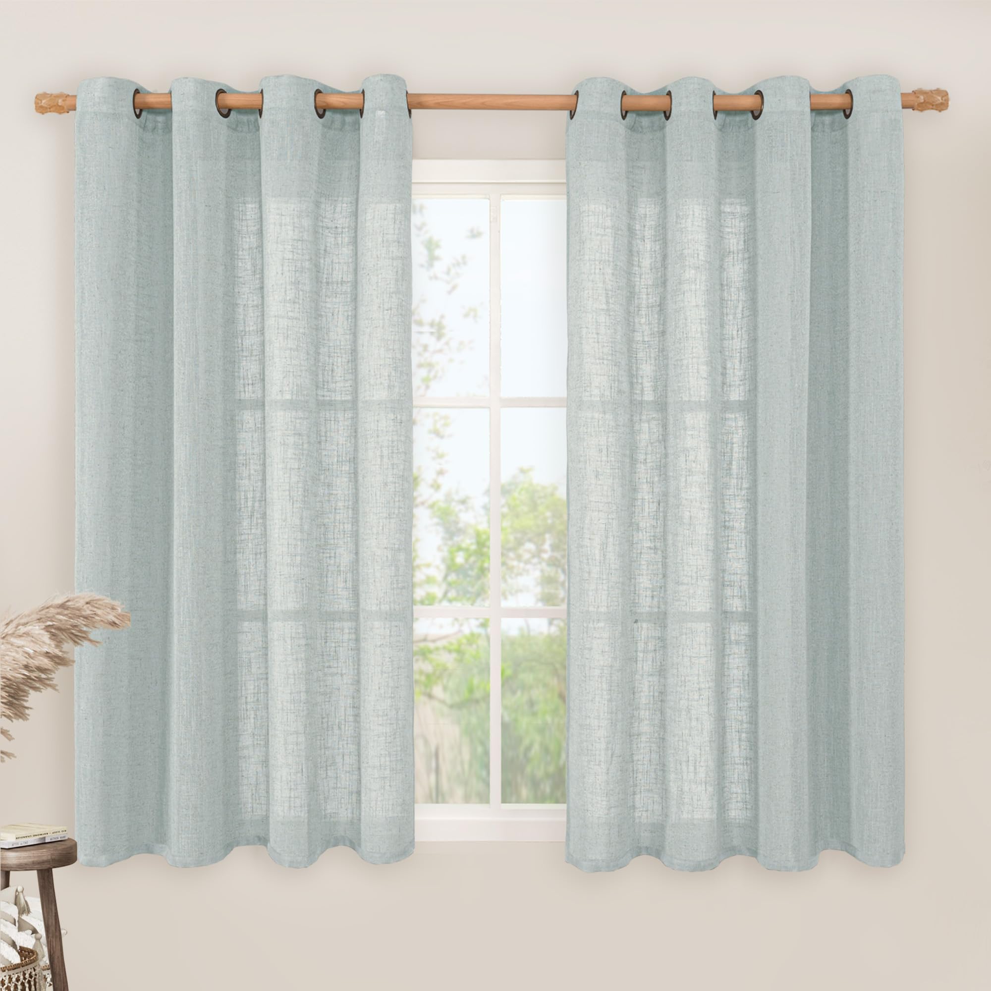Photo 1 of LAMIT Semi Sheer Linen Curtains 54 Inch Length 2 Panels, Greyish Blue Light Filtering Panels Bronze Grommet Neutral Drapes for Bedroom/Window/Dining Room, 52 x 54 Inch