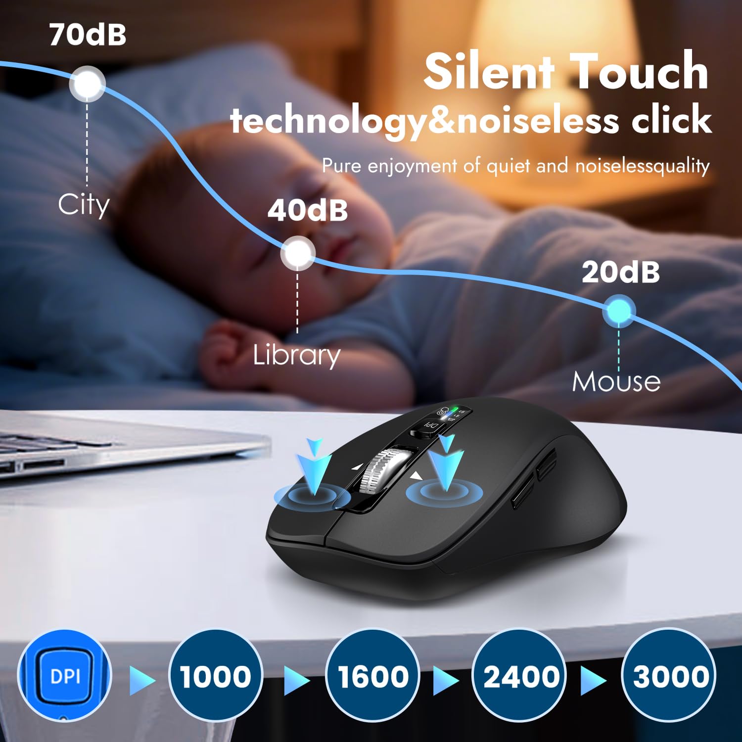 CITLLA Wireless Mouse for Laptop, Multi-Device Bluetooth Mouse, 4 Adjustable DPI Silent Mouse, 4-Way Scrolling Ergonomic Mouse for Windows, Full Size Mice for Laptop PC Computer Tablets(Black)