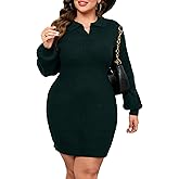 ShopWonder Women Plus Size V-neck Long Sleeve Knit Stretchable Elasticity Slim Sweater Bodycon Midi Pullover Sweater Dress
