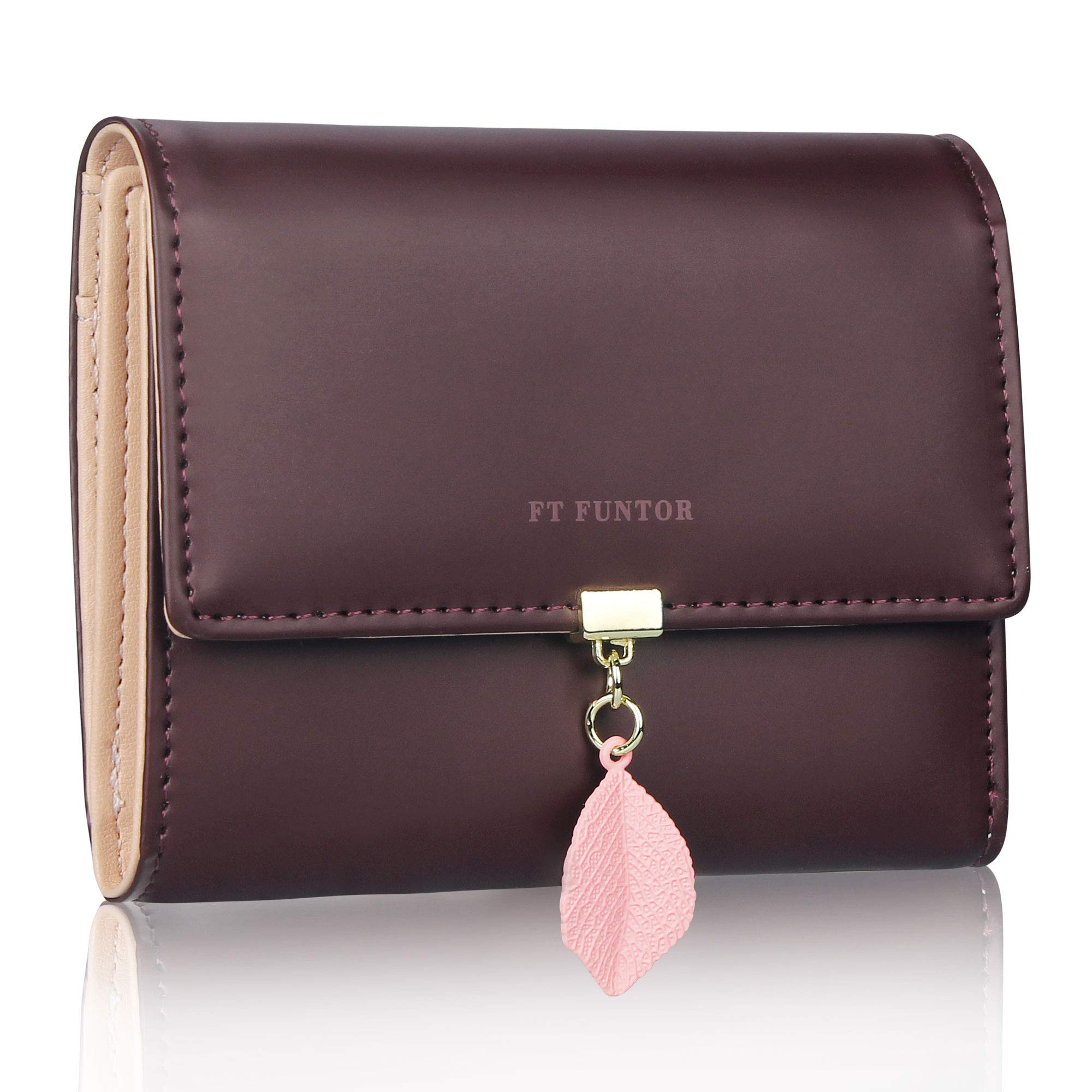 FT FUNTOR PU Leather Wallet for Women RFID-Blocking, Ladies Bifold Leaf Pendant Coin Zipper Small Purse with 5 Card Slots and 1 ID Window Card Holder Organizer (S-Burn Red)