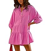 Mingzhu Womens Summer Tiered Puff Sleeve Shirtdress Flowy A-line Babydoll Mini Dress