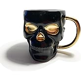 Mazeology Black Grinning Skull Ghost Large 20 oz Porcelain Ceramic Mug Coffee Cup Novelty Drinkware 3-D Shaped features Skull Sculpting and Hand-painted Gold Trim