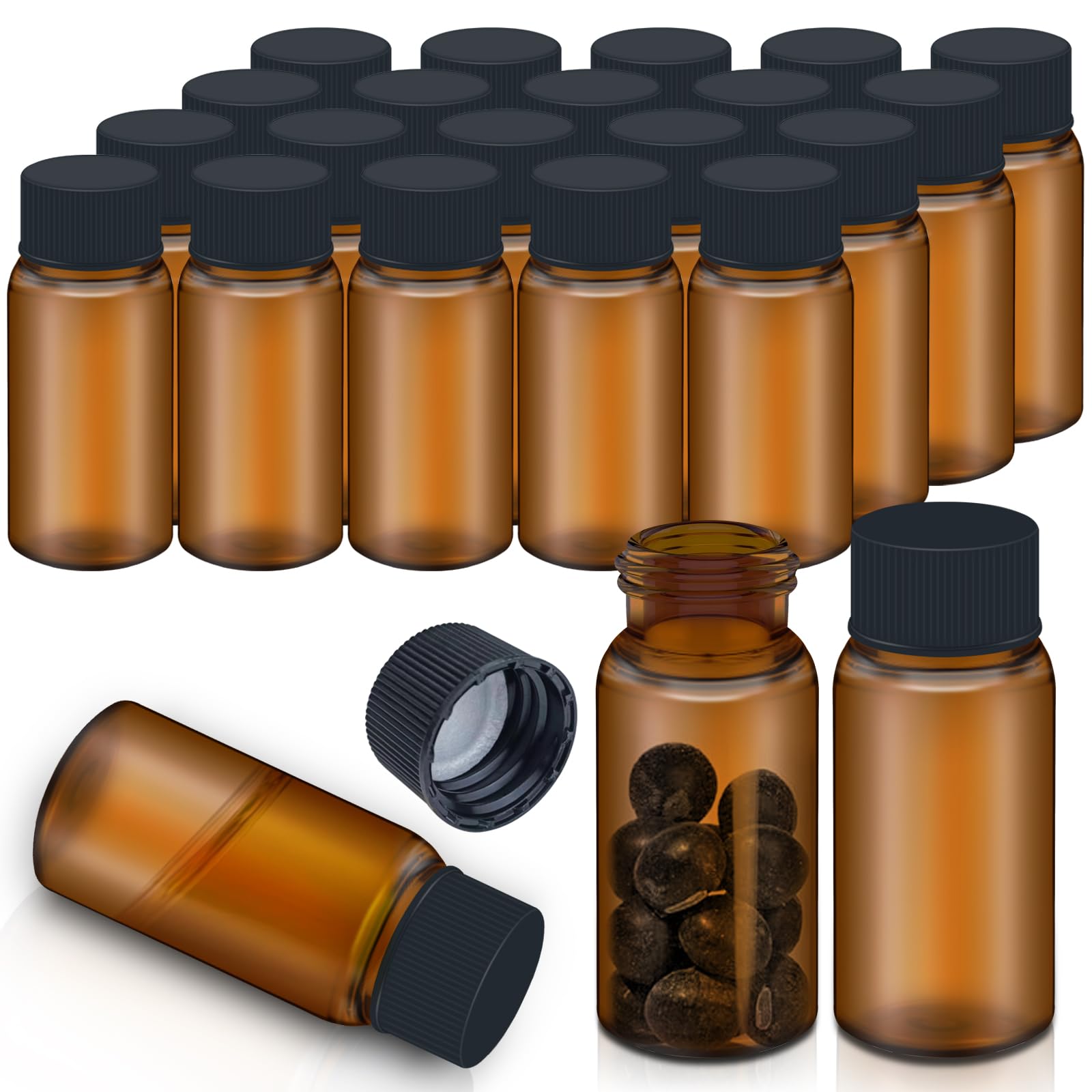 Photo 1 of 100Pcs 0.3Oz/10ml Brown Glass Vials with Screw Cap, Glass Sample Vial with PE Stopper, Leak-Proof Small Glass Bottles Jars Containers Essential Oil Bottles for Storage Liquid, Pills and Lab Use