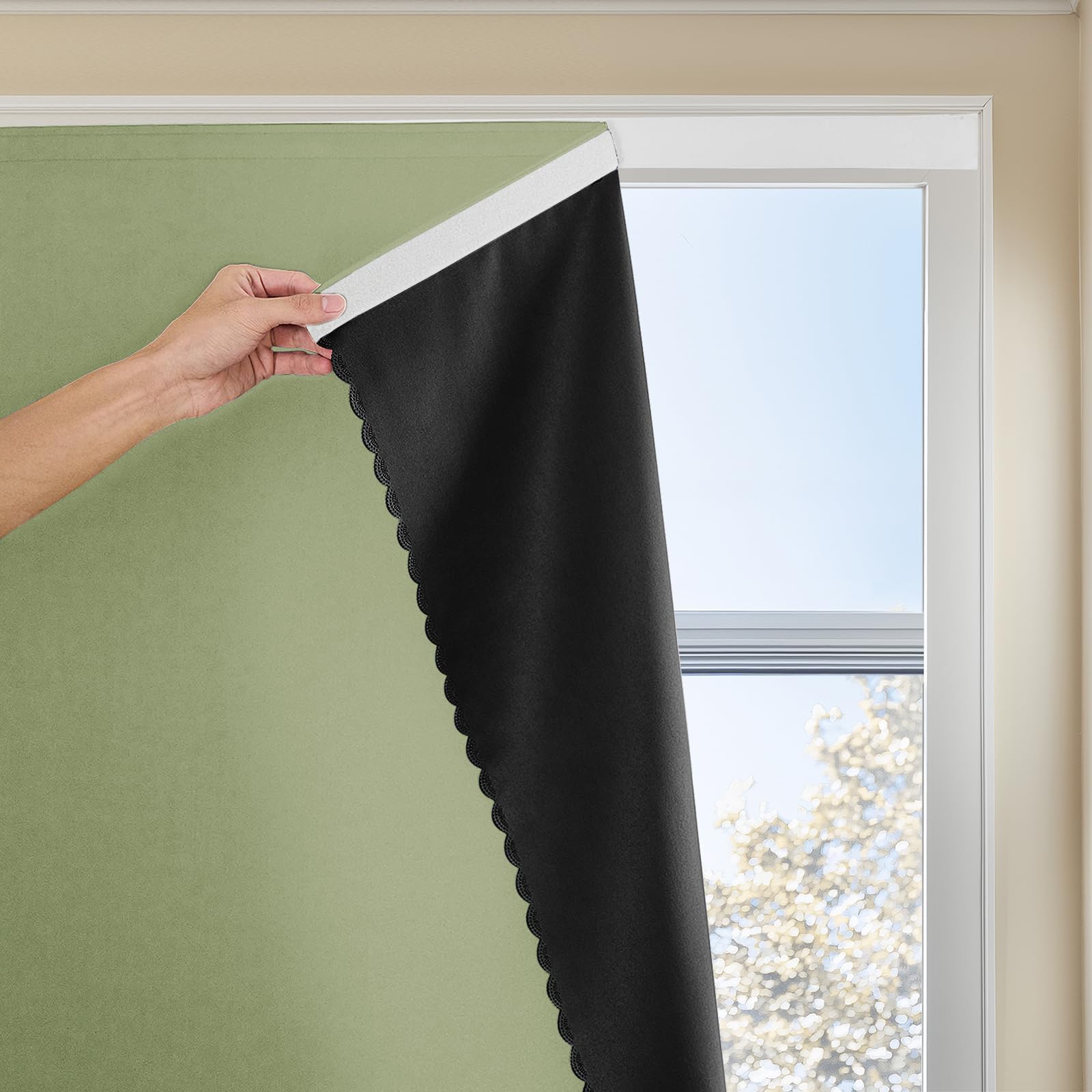 JILRON Adhesive Curtain 100% Blackout No-Drill Easy Install for Bedroom Blinds Light Blocking (Sage Green-59 W x 63" L-1P)