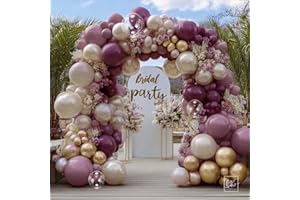 Dusty Purple Gold Balloon Arch Kit Double Stuffed Plum, Dark Lavender, Pearl White Sand Balloon Garland with Clear Bobo for N