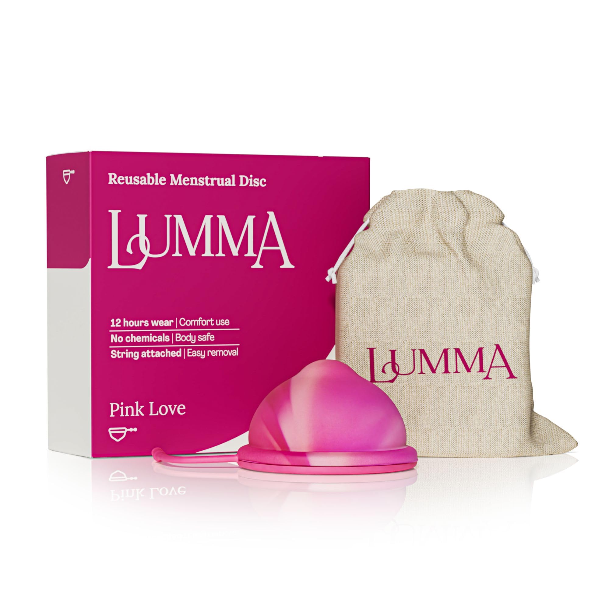LUMMA Menstrual Disc - Includes Carrying Pouch & Silicone String for Easy Removal - Comfortable & Sustainable Choice to Tampons - Reusable Medical Grade Silicone, Leak-Proof - Pink Love, Short Cervix