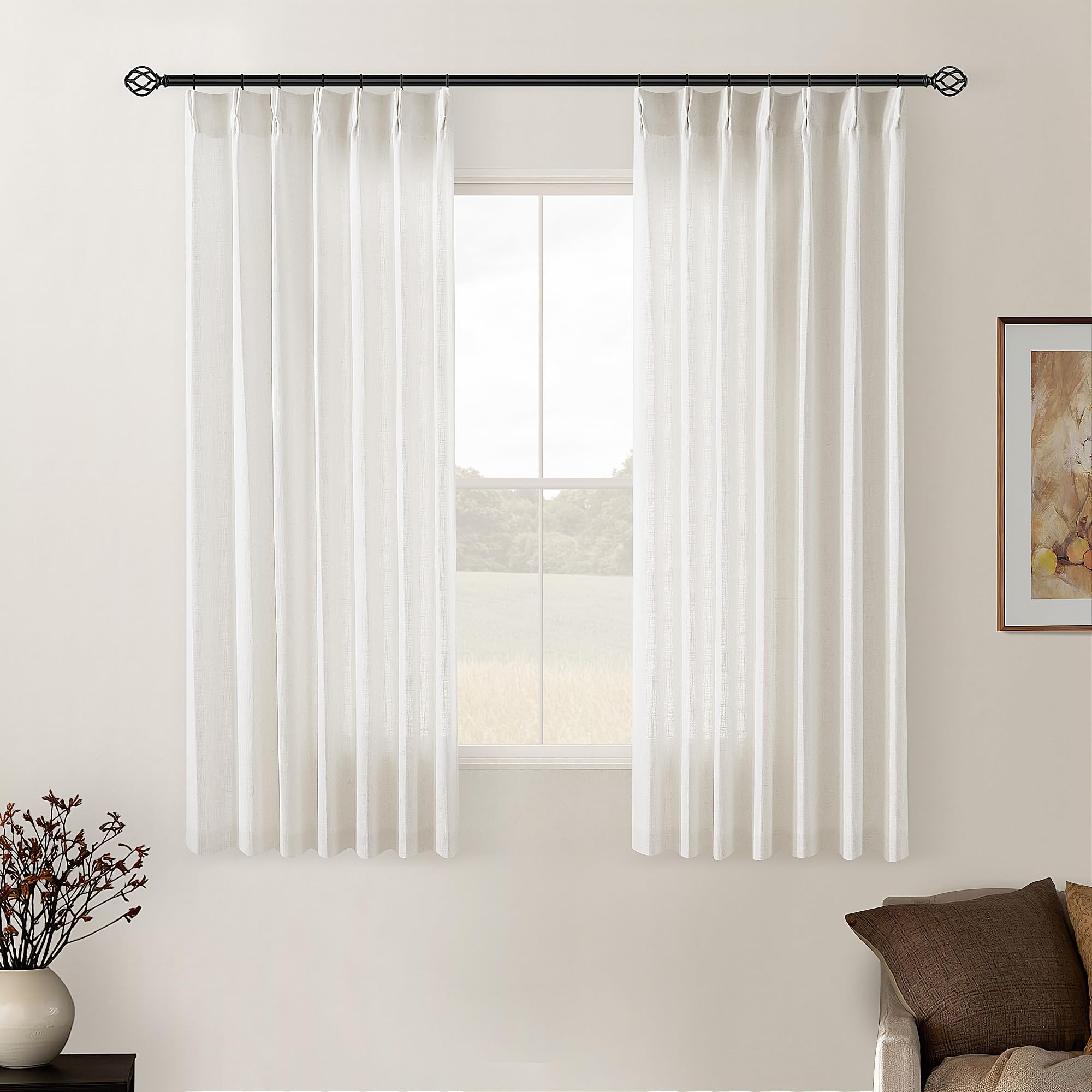 Photo 1 of Cream Ivory Pinch Pleat Linen Short Curtains 54 Inch Long for Kitchen Pleated Hooks Rings Back Tab Light Filtering Boho Farmhouse Semi Sheer 54 Inch Curtain for Dining Room Bedroom Small Window