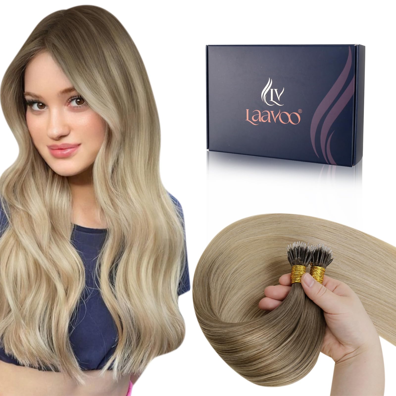 LaaVoo Nano Hair Extensions Real Human Hair Light Brown Nano Beads Hair Extensions 16 Inch Balayage Dark Blonde with Light Blonde Invisible Nano Ring Straight Remy Hair 50g 50s #8/18/60 — image 1