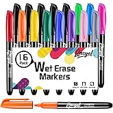 LAZGOL Wet Erase Markers, Bulk Pack of 16 (12 Colors) Fine Tip Overhead Transparency Smudge Free Markers for Dry Erase Whiteboard, Refrigerator Calendars, Glass and Films, Erase with Water