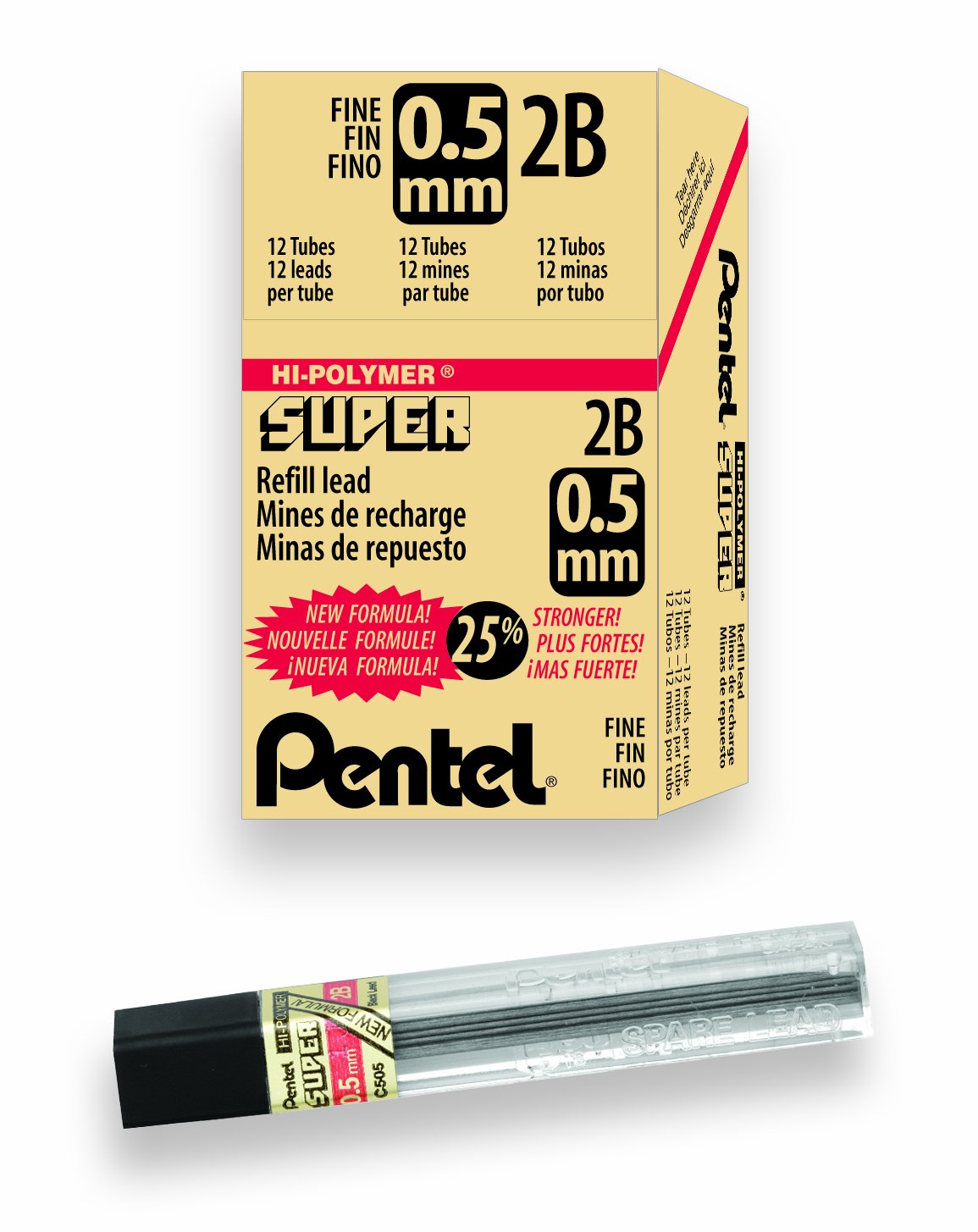 Pentel Super HiPolymer Lead Refill, 0.5mm, Fine, 2B, 144