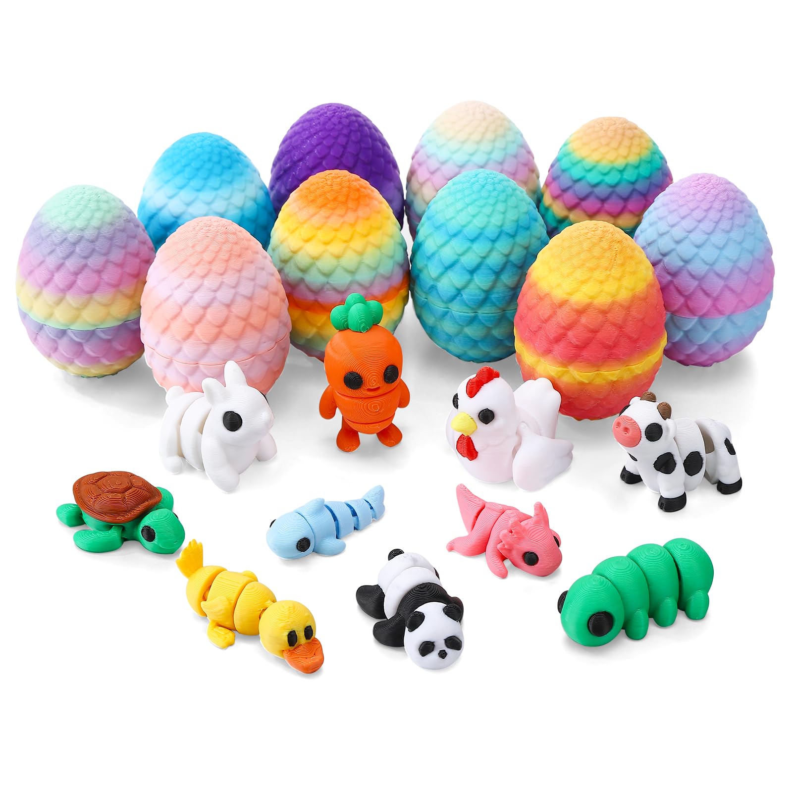Angirlish 10pcs 3D Printed Eggs with 10pcs Mini Animals Figures Tiny Animals Figurines Set Fidget Animal Toy in Egg for Desktop Decor Party Favors