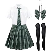 HidmFaw Schoolgirl Outfit for Women Japanese Uniform Set Plaid Skirt Cosplay Sailor Costume with Bow Tie Socks 5 PCS US Size