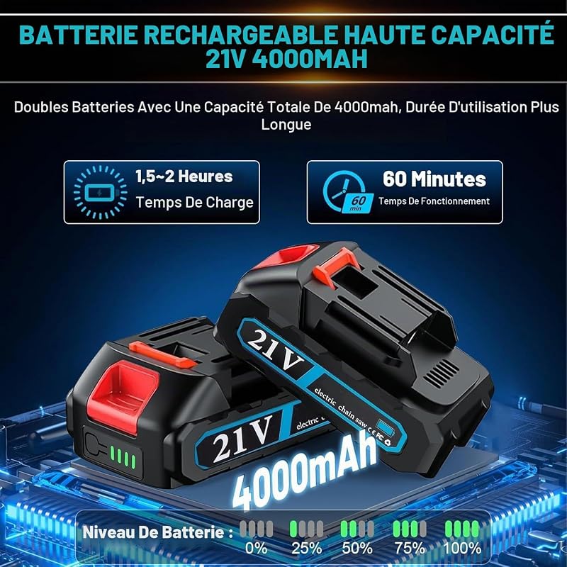 Mini Tronçonneuse à Batterie, 1000W Moteur Brushless, 6 Pouces Tronçonneuse Électrique Sans Fil avec 4000mAh Batteries de Grande Capacité, 2 Chaînes et Verrou de Sécurité pour Coupe de Bois et Jardin