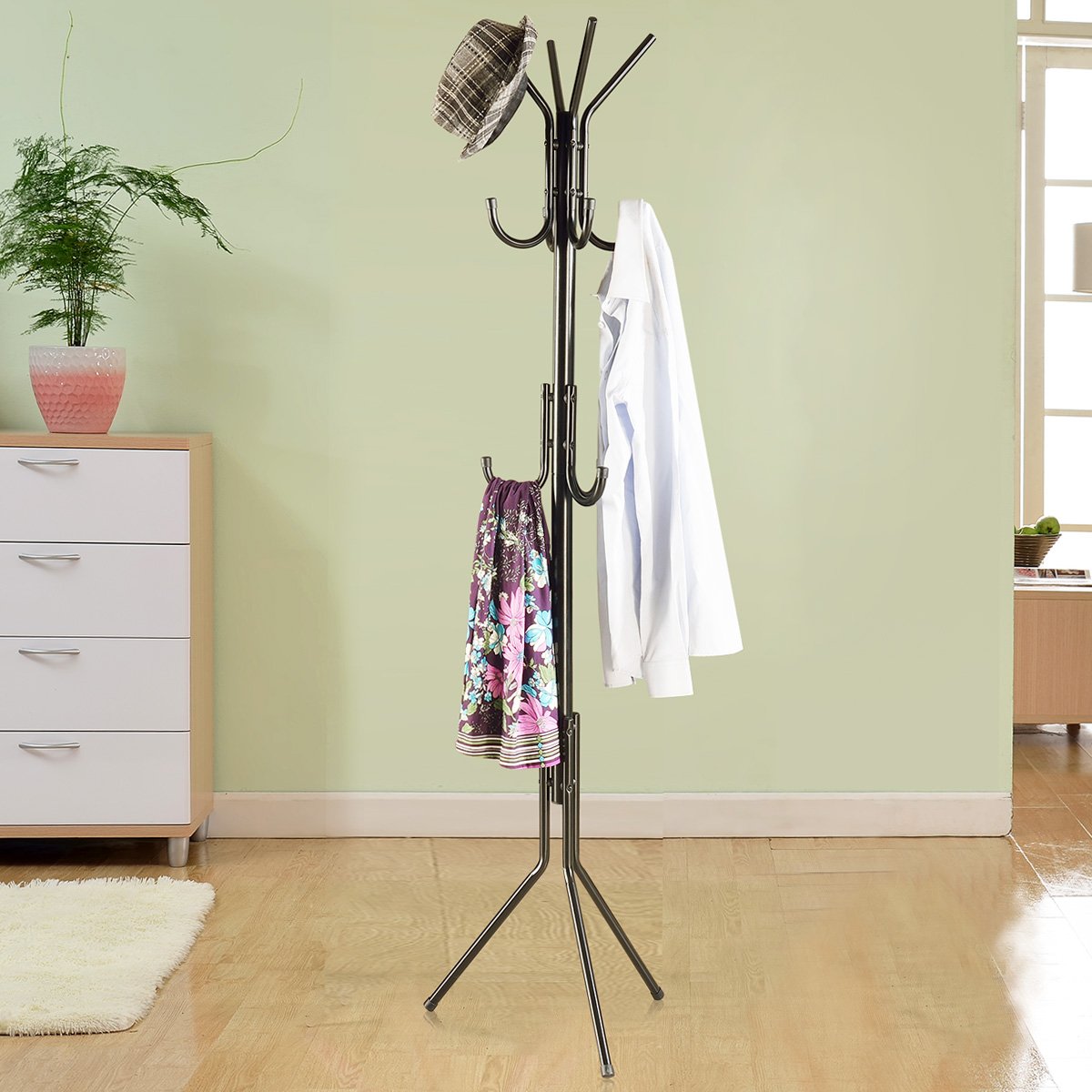 USUN Metal Coat Rack Free Standing Display Stand Hall Tree with 3 Tiers and 11 Hooks for Clothes